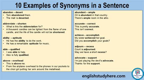 sentence synonyme|10 examples of synonyms sentences.